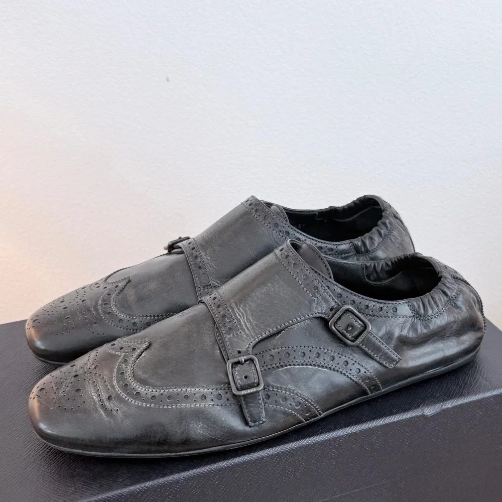 Prada 2EG469 Mens Leather Double Monk Strap Wingtip Shoes Grey Black UK 8